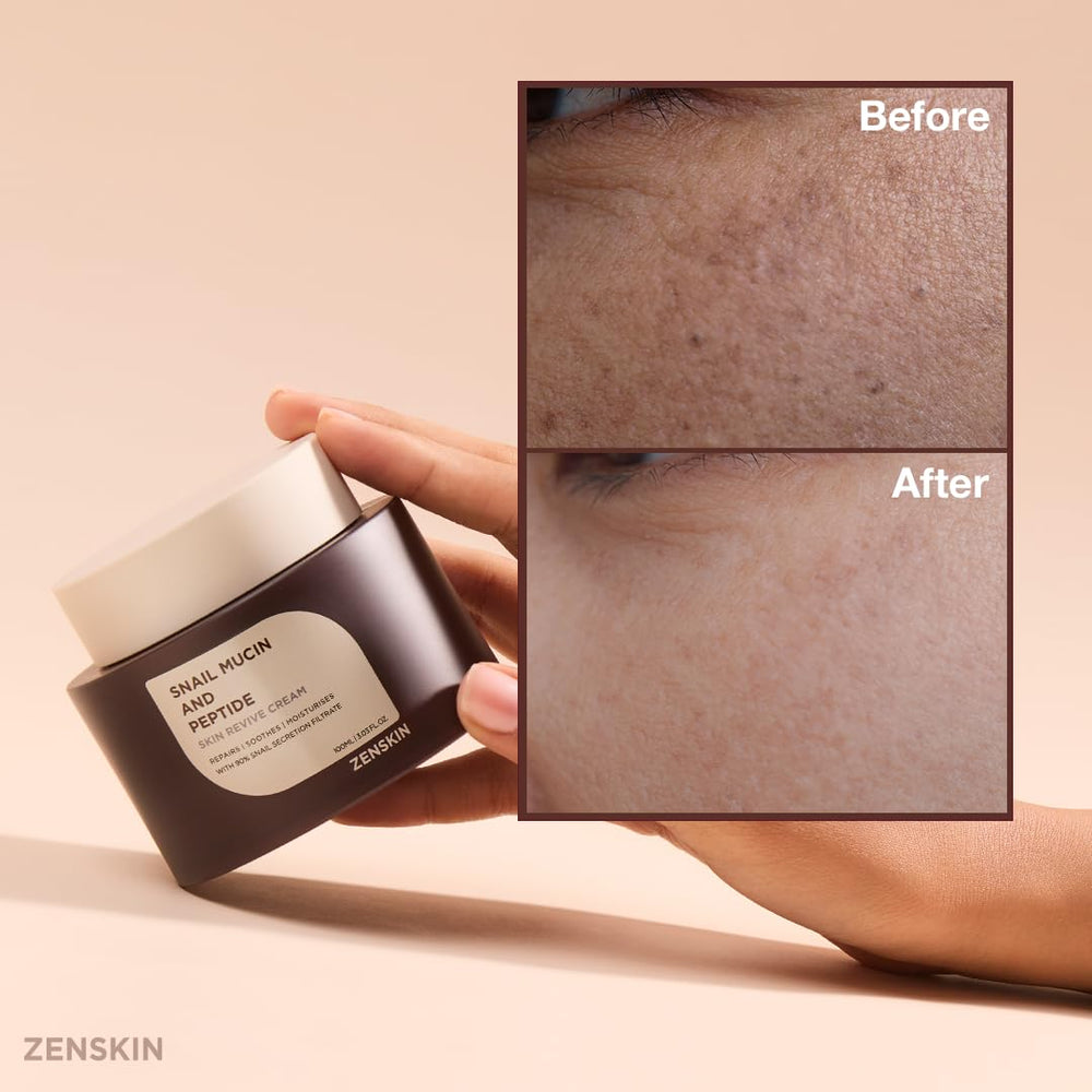 Evening skincare setup with Zenskin Snail Mucin Cream on nightstand.