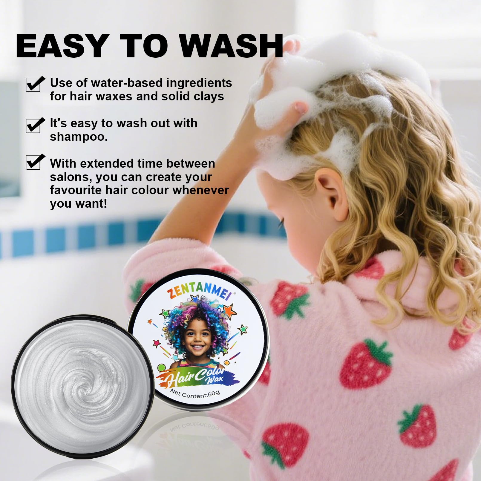 ZENTANMEI washable color rinses out easily with shampoo.