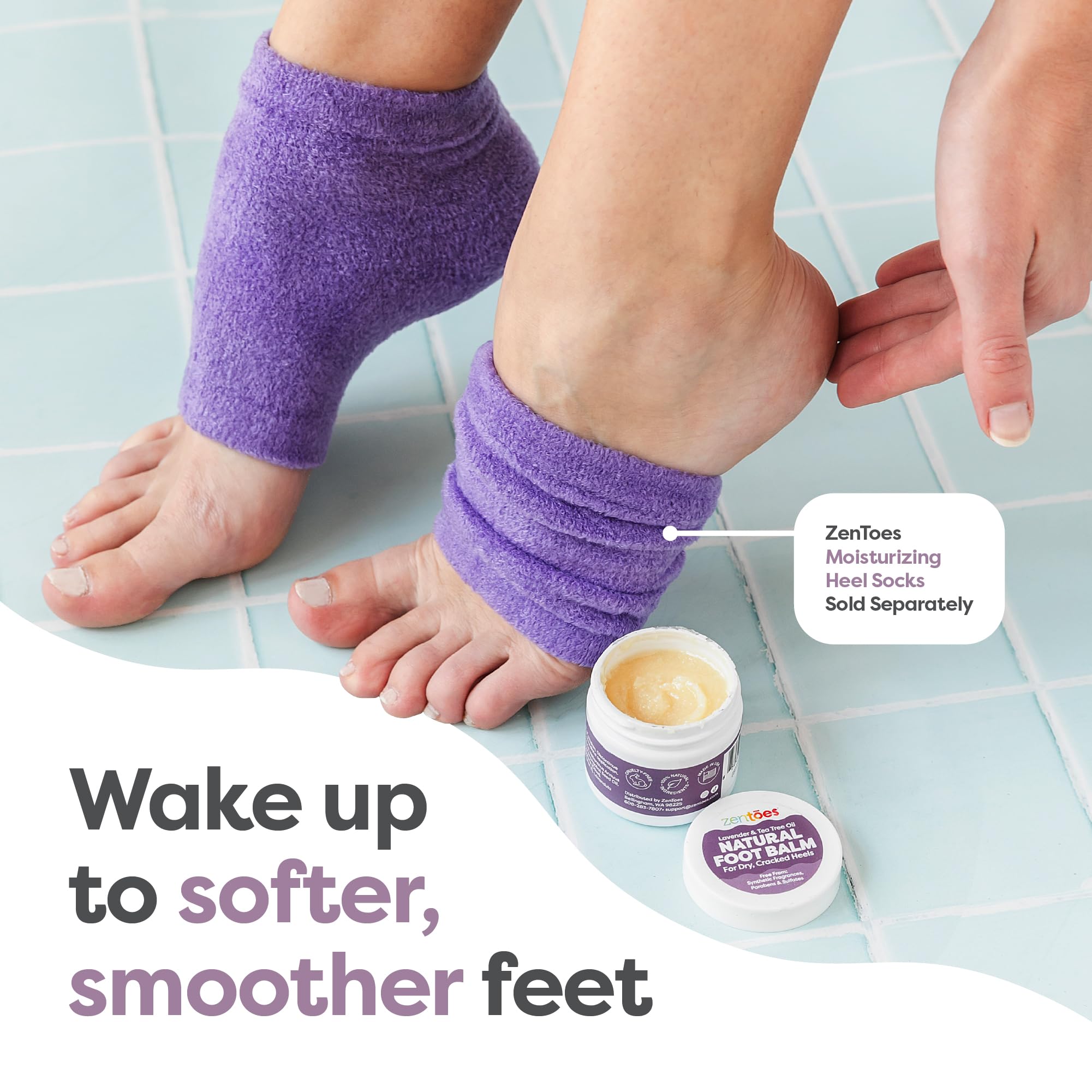 Application on a dry heel demonstrates smoothing action on rough skin with ZenToes balm.