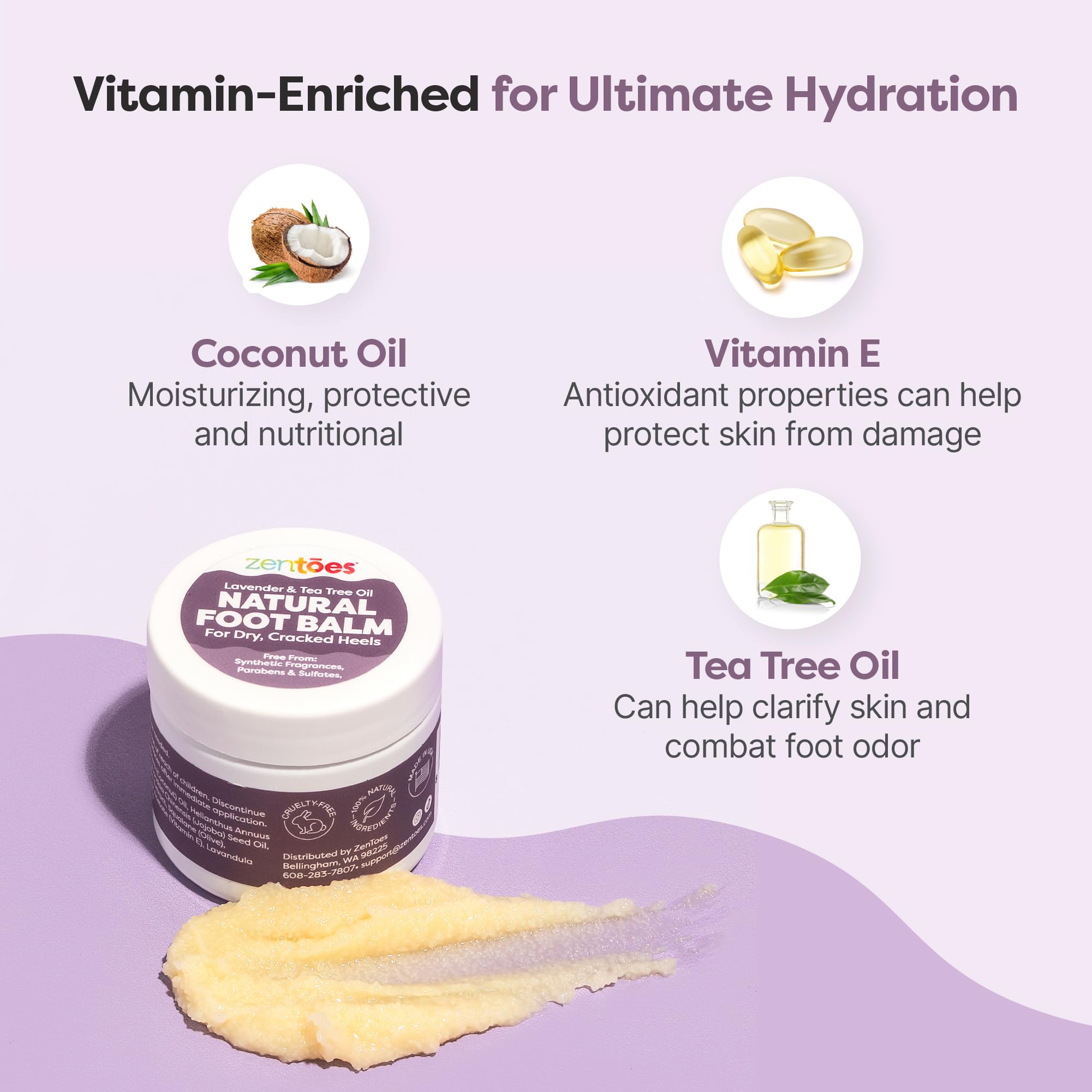 Massage of ZenToes balm on feet suggests smoothing and softening the skin.