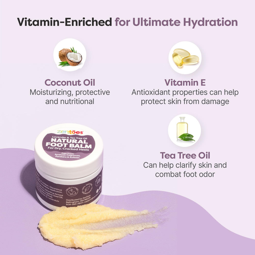 Massage of ZenToes balm on feet suggests smoothing and softening the skin.