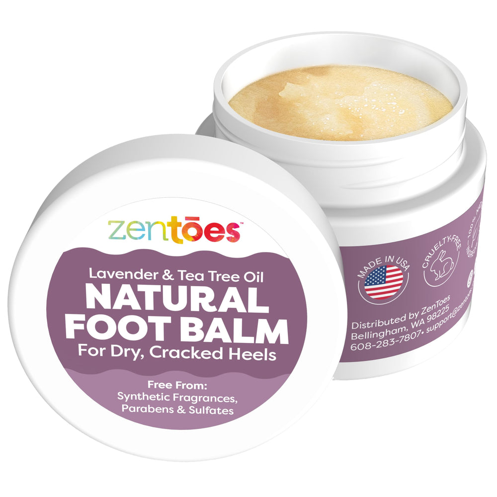 ZenToes Natural Foot Balm jar close-up showing rich hydration for dry skin.