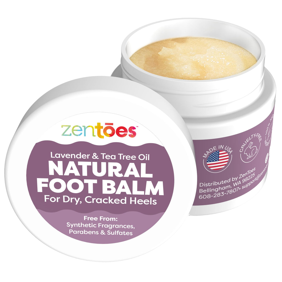 ZenToes Natural Foot Balm jar close-up showing rich hydration for dry skin.