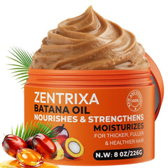 ZENTRIXA Batana Oil bottle pouring nourishes hair from roots to ends.