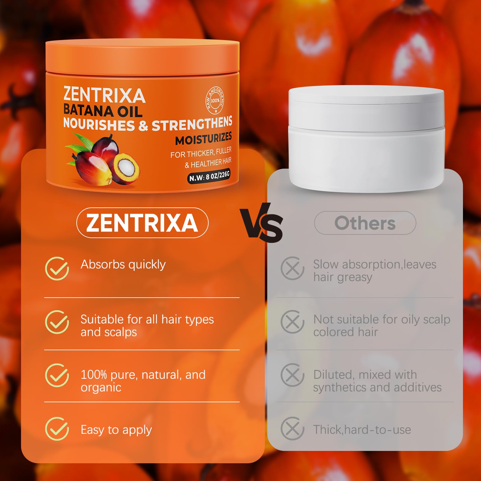Natural ingredients and traditional cold-press method depicted for ZENTRIXA Batana Oil.