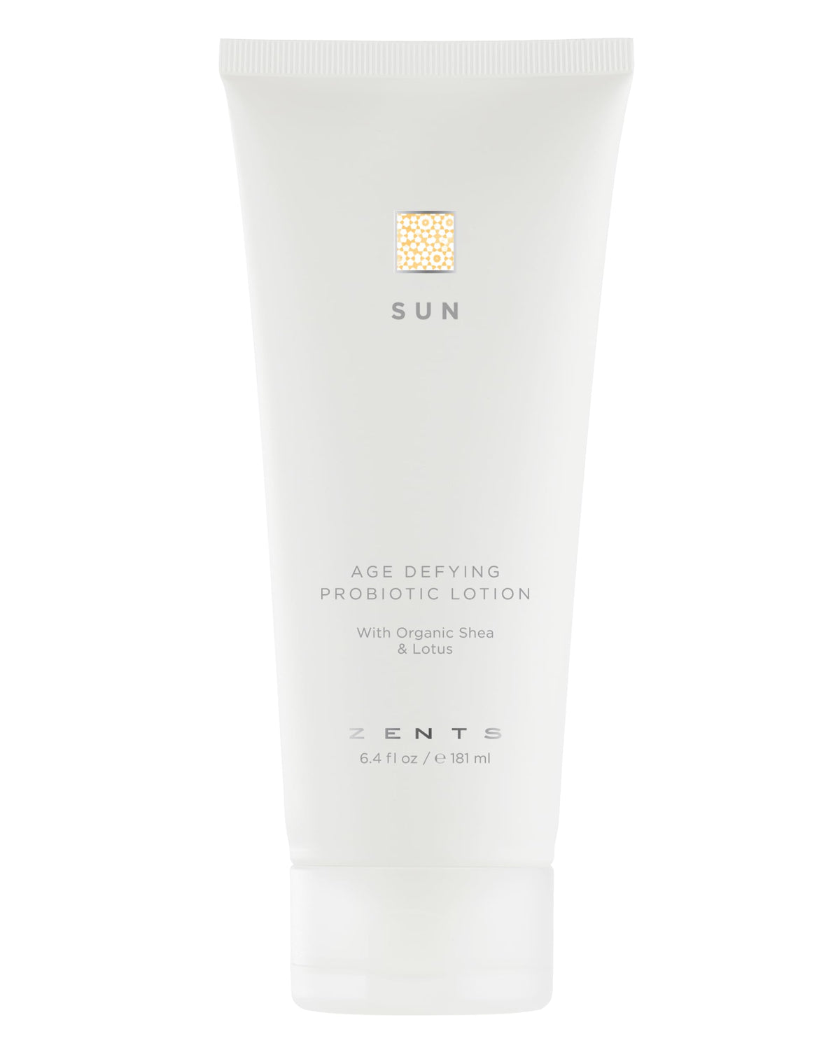 Zents Age-Defying Lotion Sun bottle closeup highlights rich hydration for daily use.