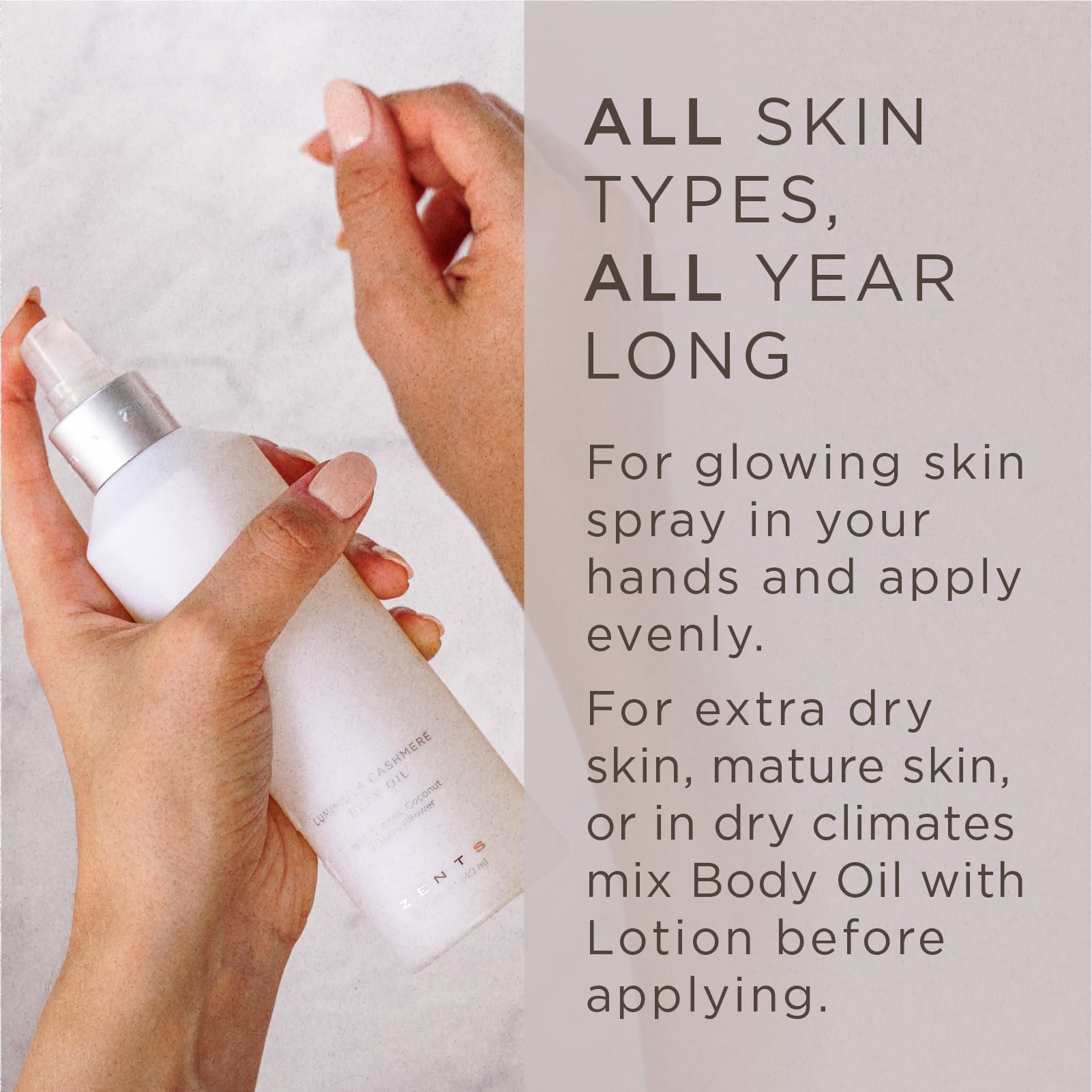 Cashmere-soft texture of ZENTS body oil shown on skin for a luxurious feel.