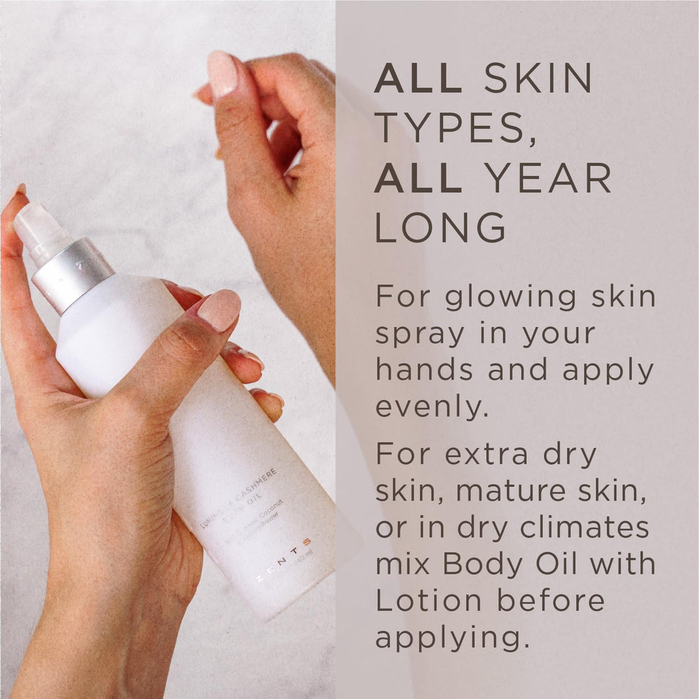Cashmere-soft texture of ZENTS body oil shown on skin for a luxurious feel.