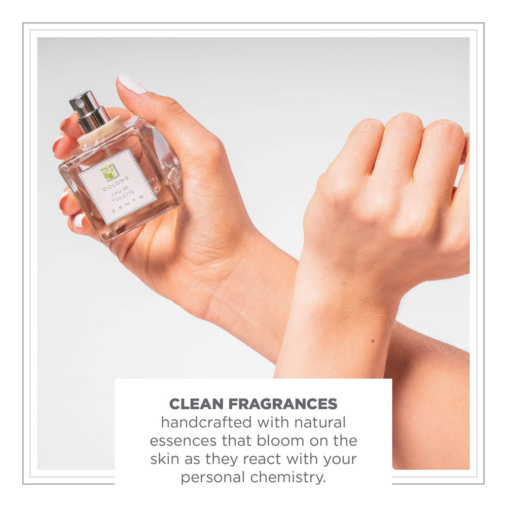Zents Oolong EDP bottle with tea-inspired imagery and citrus accents.