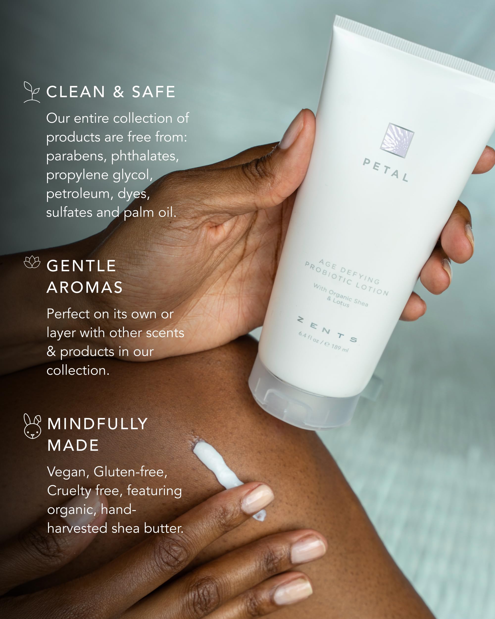 Zents Floral notes on bottle evoke soothing daily scent ritual.