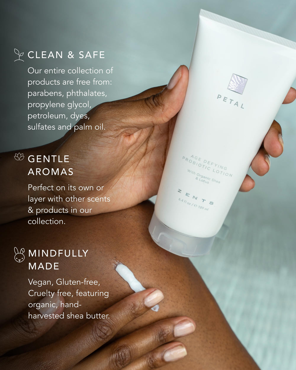 Zents Floral notes on bottle evoke soothing daily scent ritual.