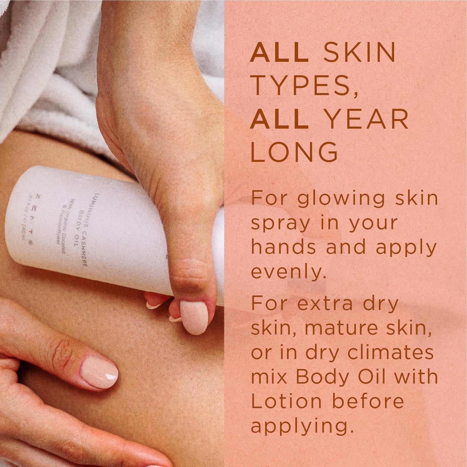 Zents Luminous Cashmere Body Oil after-shower glow on skin