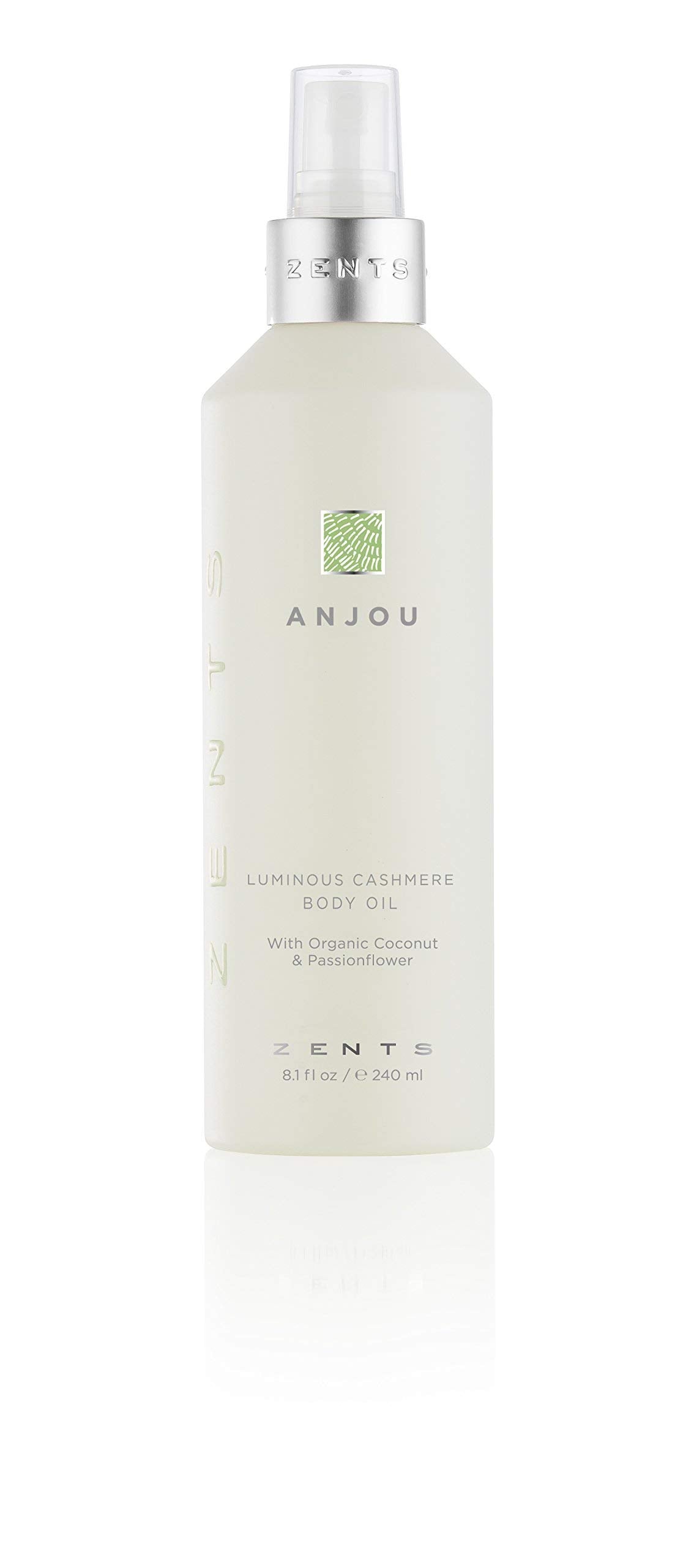 Zents Luminous Cashmere Body Oil Anjou bottle display with elegant packaging and glow
