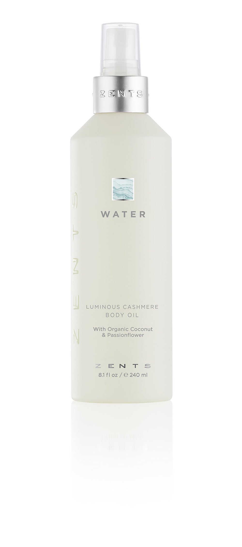 Zents Luminous Cashmere Body Oil bottle provides a lightweight, nourishing sheen for radiant skin.