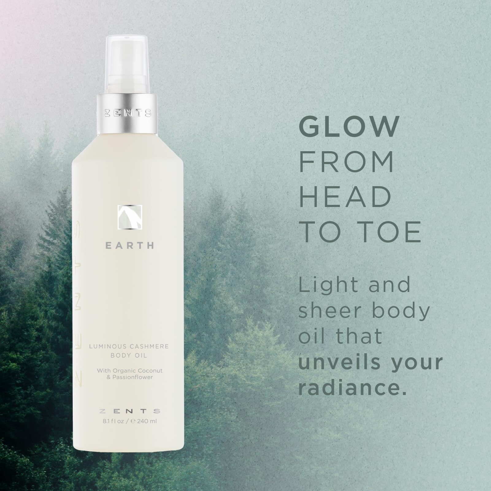 Zents Luminous Cashmere Body Oil Earth fragrance bottle close-up shows silky texture.