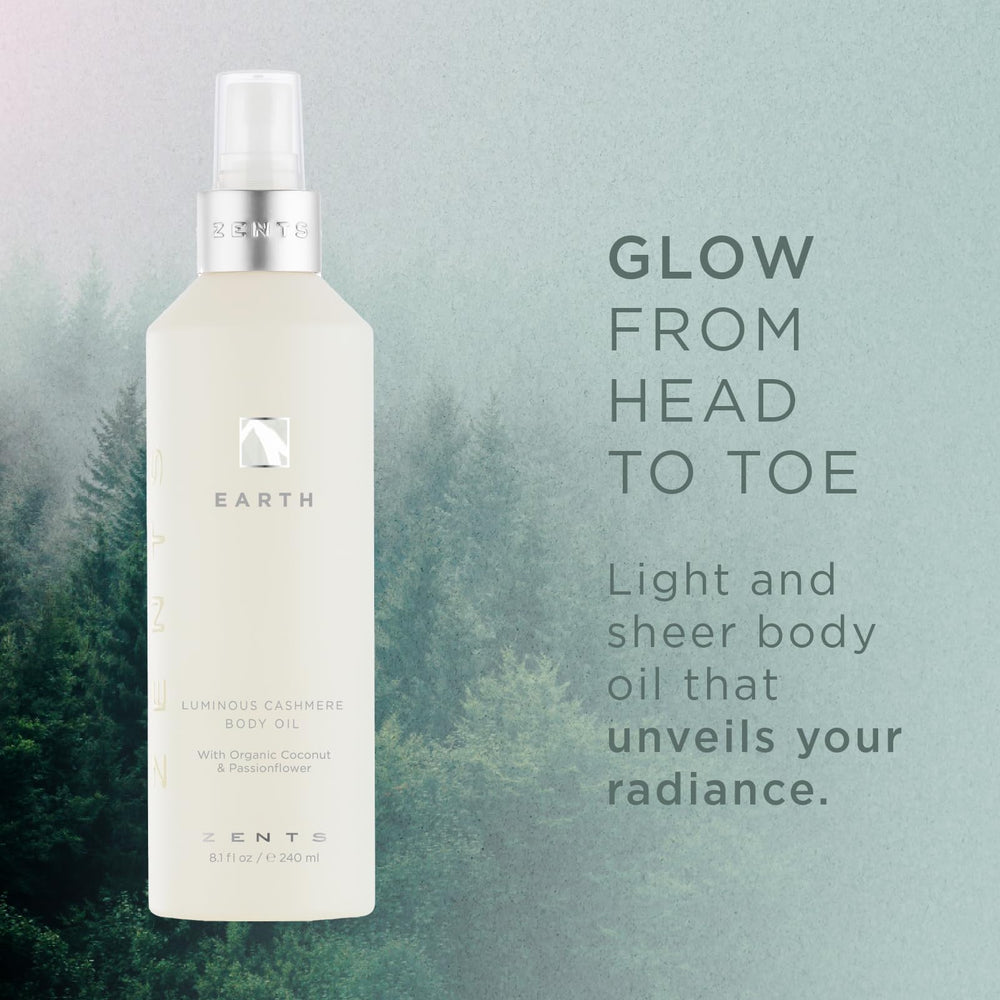 Zents Luminous Cashmere Body Oil Earth fragrance bottle close-up shows silky texture.