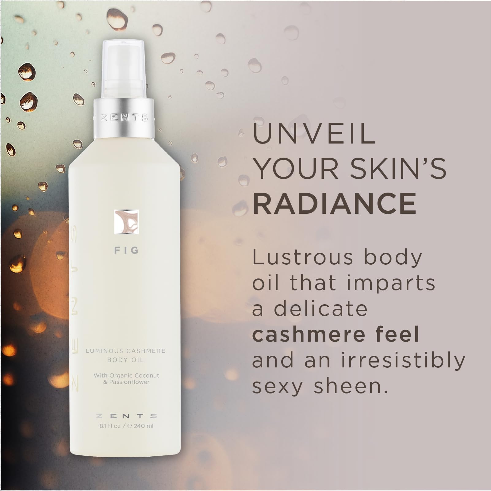 Close-up of ZENTS body oil bottle showing fig scent and lightweight glow on skin.