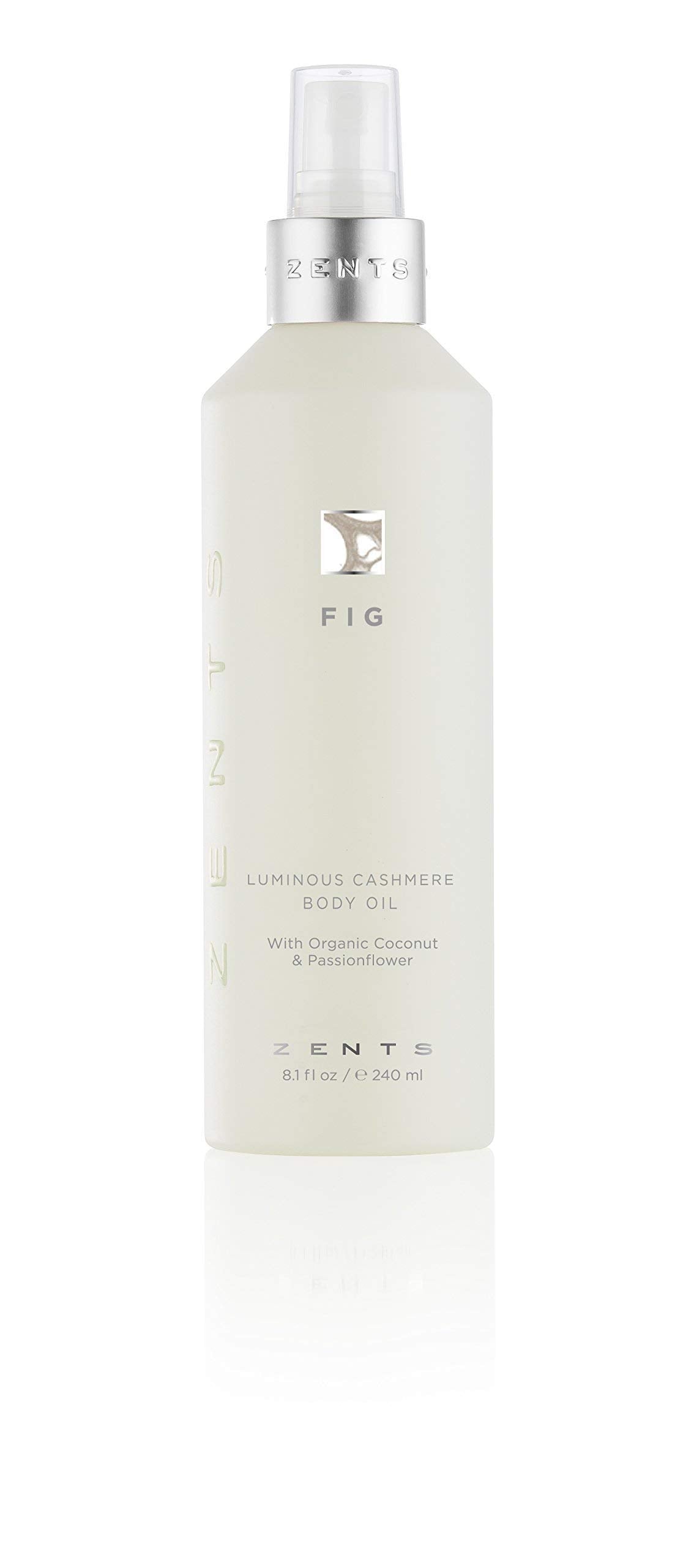 ZENTS Luminous Cashmere Body Oil bottle with Fig fragrance for radiant, nourished skin after shower.