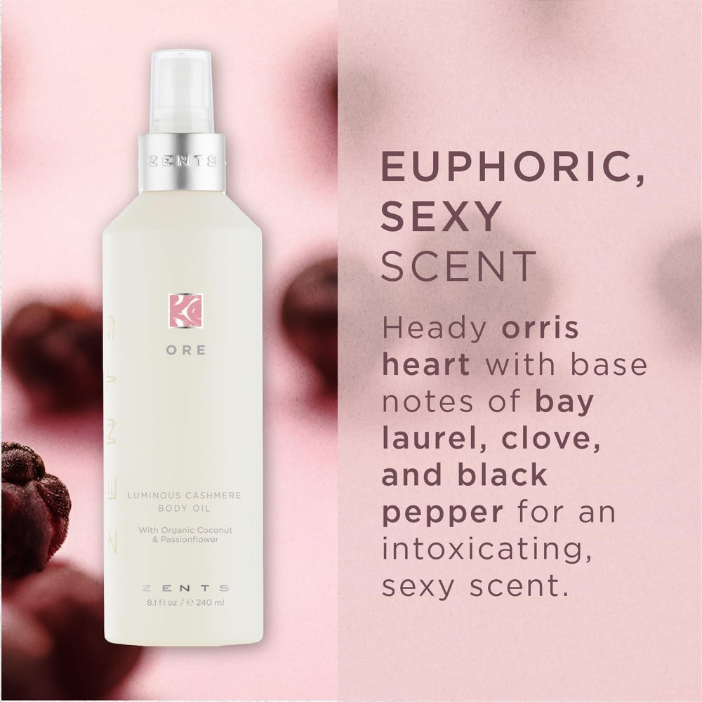 ZENTS Luminous Cashmere Body Oil highlights coconut oil and vitamin E