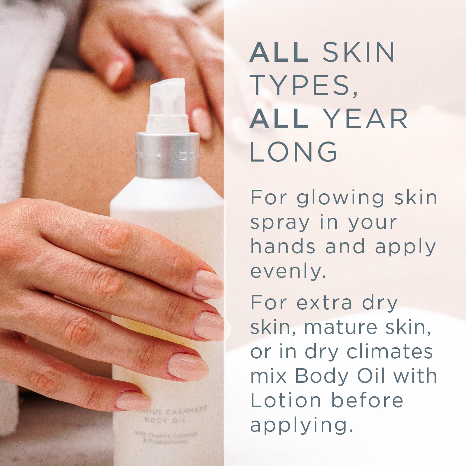 Coconut oil and Vitamin E in Zents Luminous Cashmere Body Oil