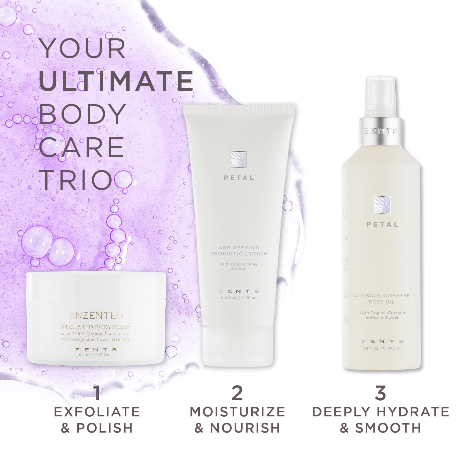 Post-shower hydration with Zents oil for silky, smooth skin.