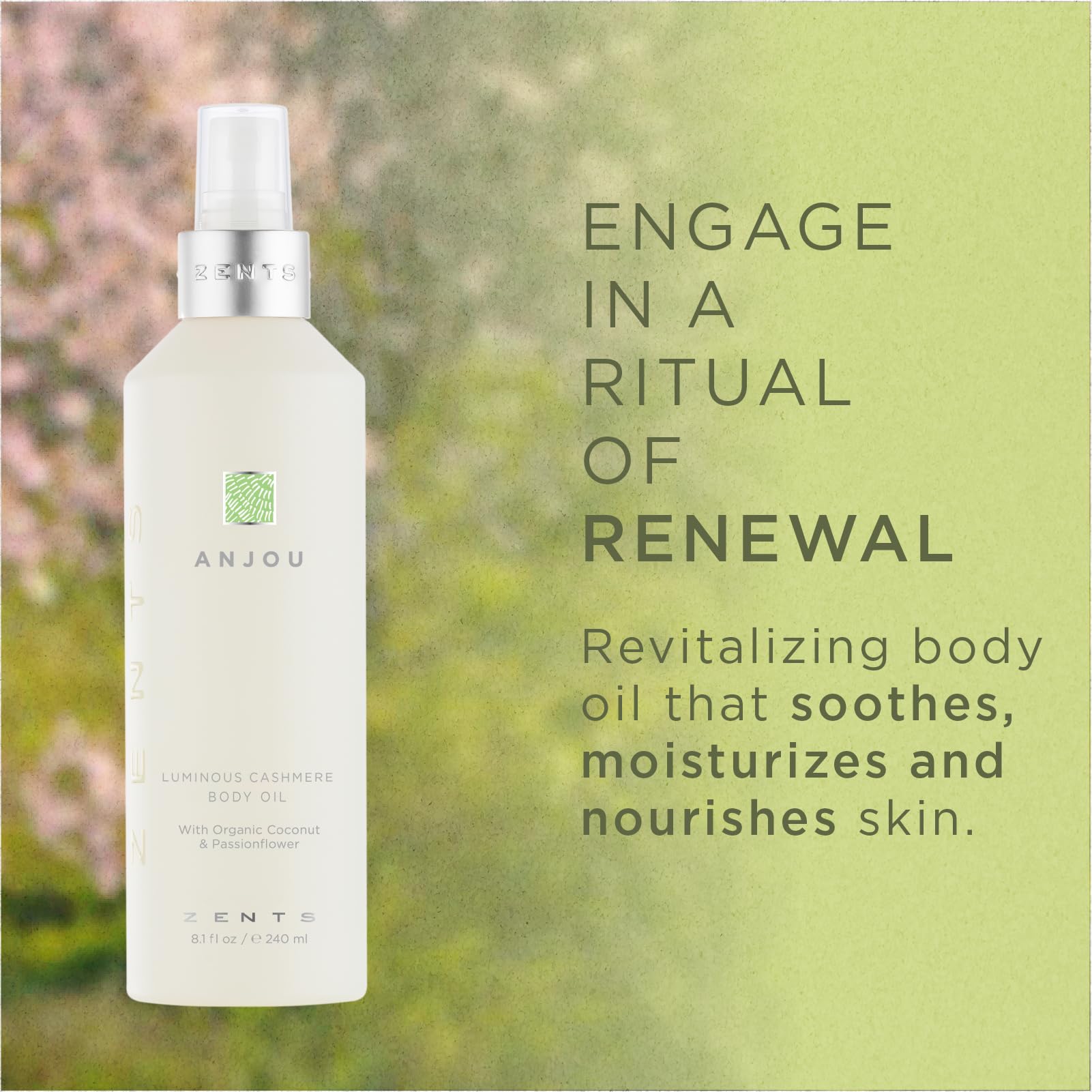 Zents oil being poured to create a silky, lightweight sheen on skin.