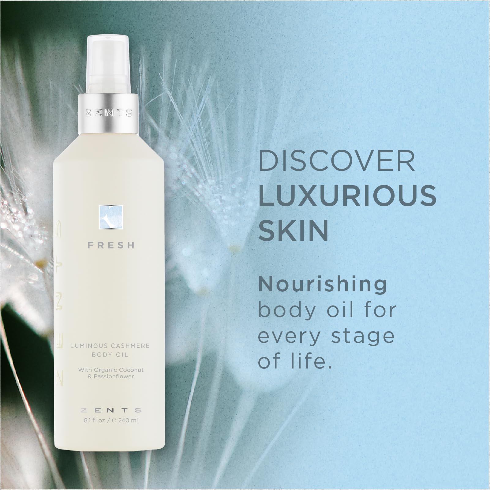 Spray of Zents Luminous Cashmere Body Oil delivering radiant hydration