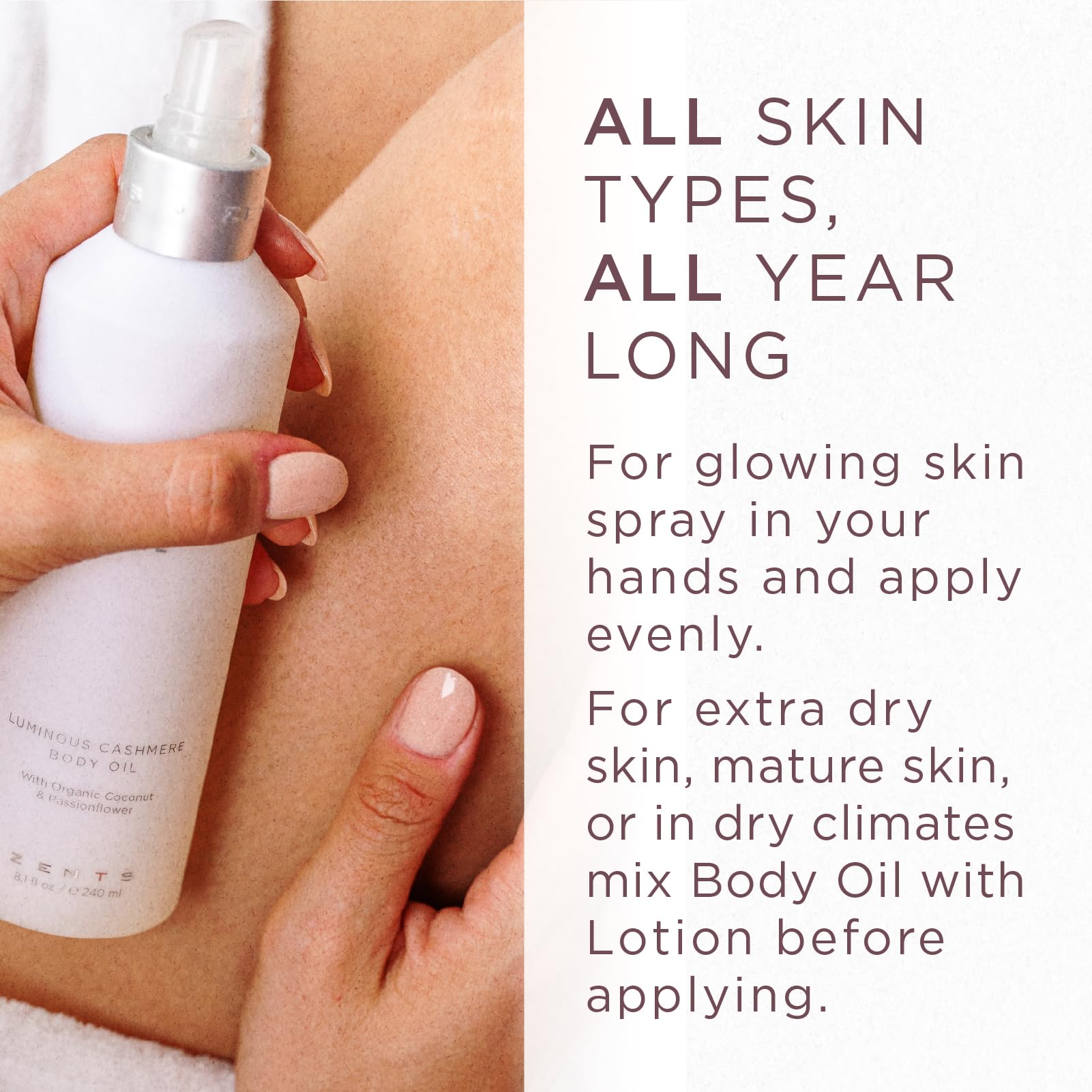 ZENTS Luminous Cashmere Body Oil packaging emphasizes vegan and cruelty-free
