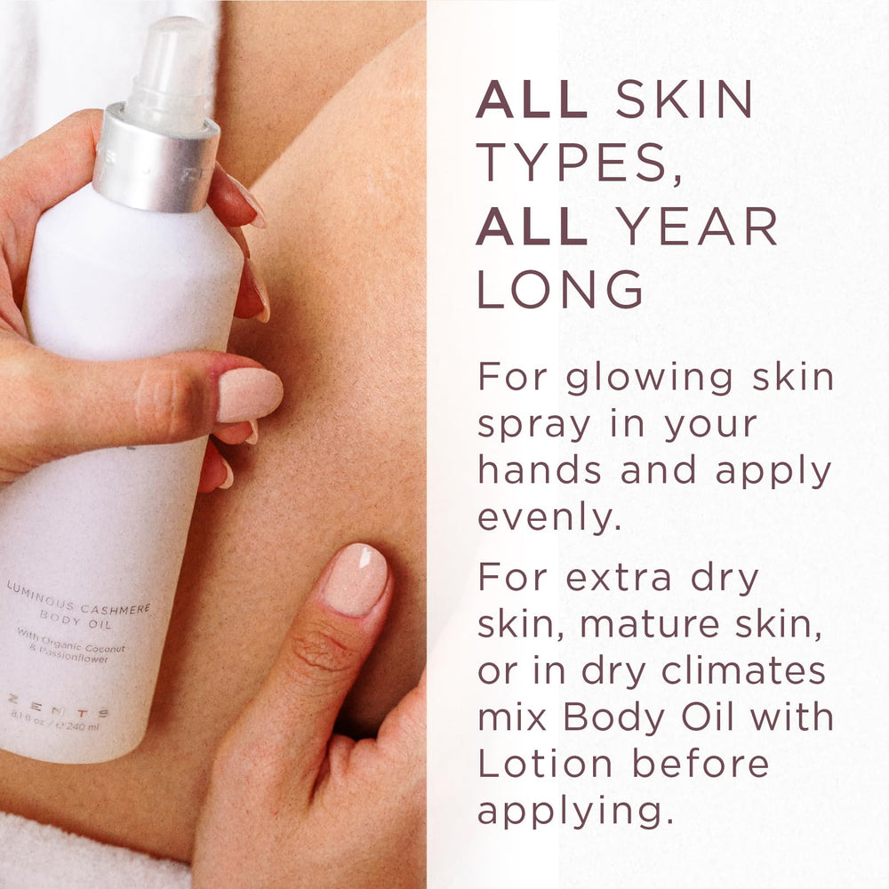 ZENTS Luminous Cashmere Body Oil packaging emphasizes vegan and cruelty-free