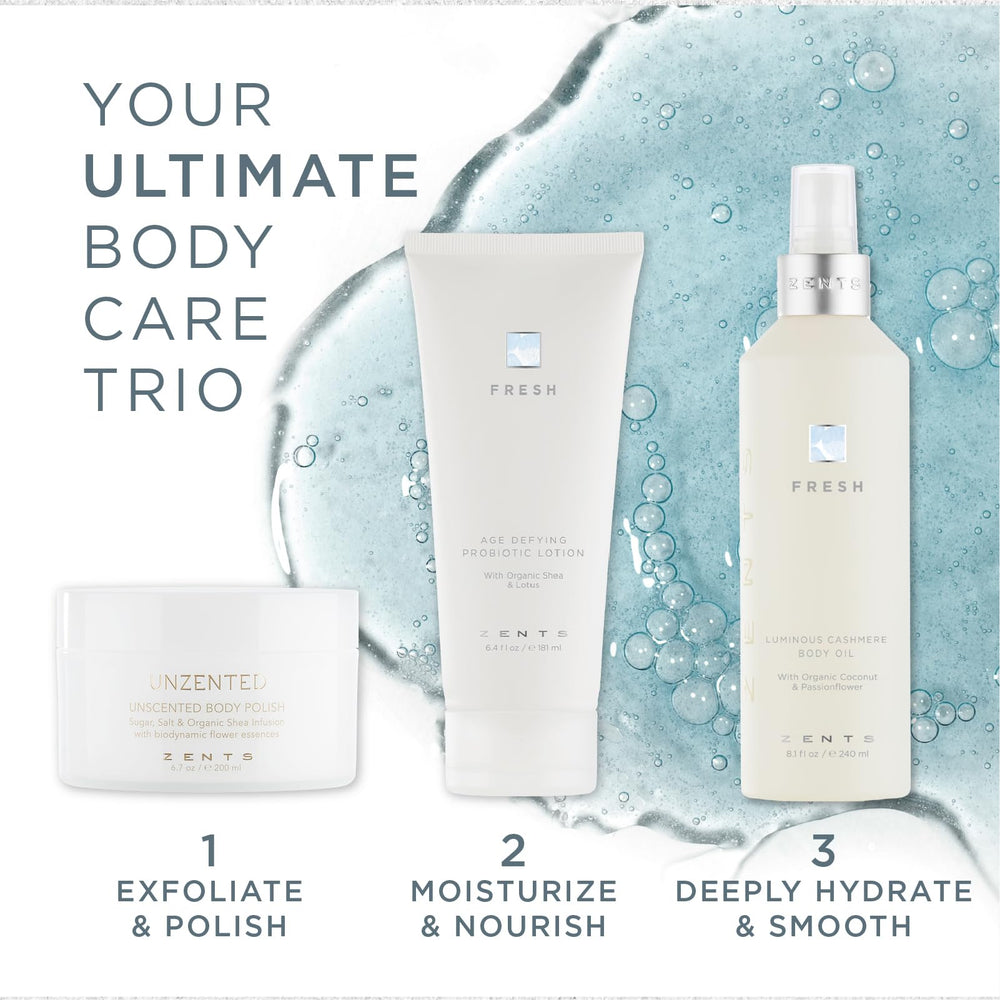 After-sun application with Zents Luminous Cashmere Body Oil softens skin