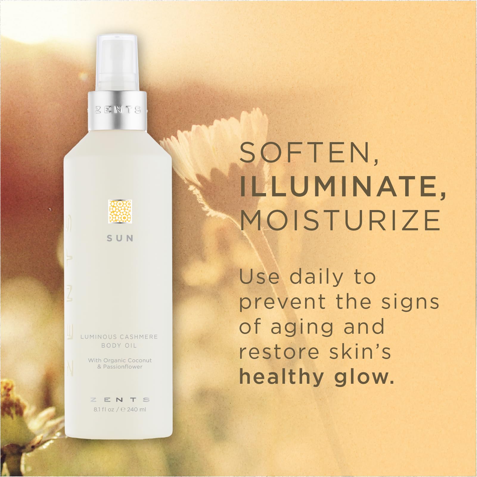 Closeup of Zents Luminous Cashmere bottle highlighting silky texture.