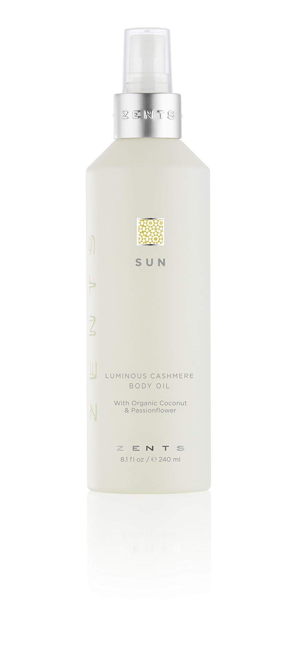 Zents Luminous Cashmere bottle pour shows a radiant body oil for daily hydration.