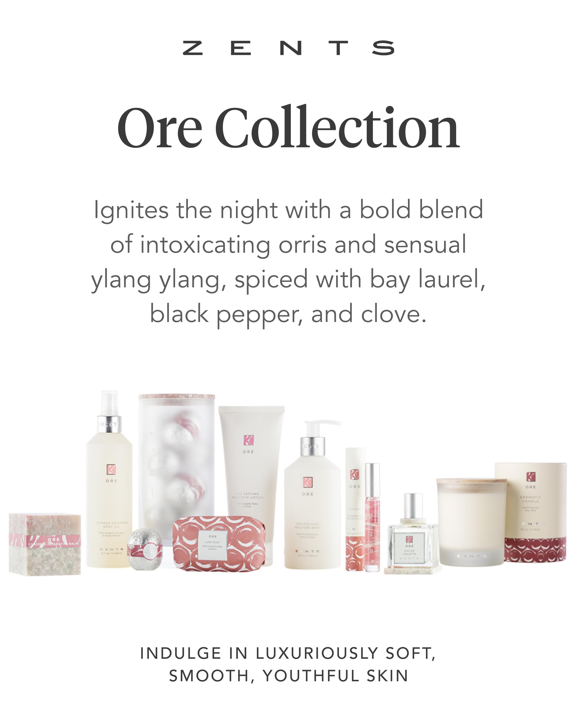 Zents Ore scent notes implied by orris and ylang ylang.