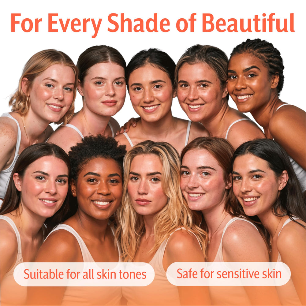 Zeria Natural glow after use showcases a subtle tan on face and body.