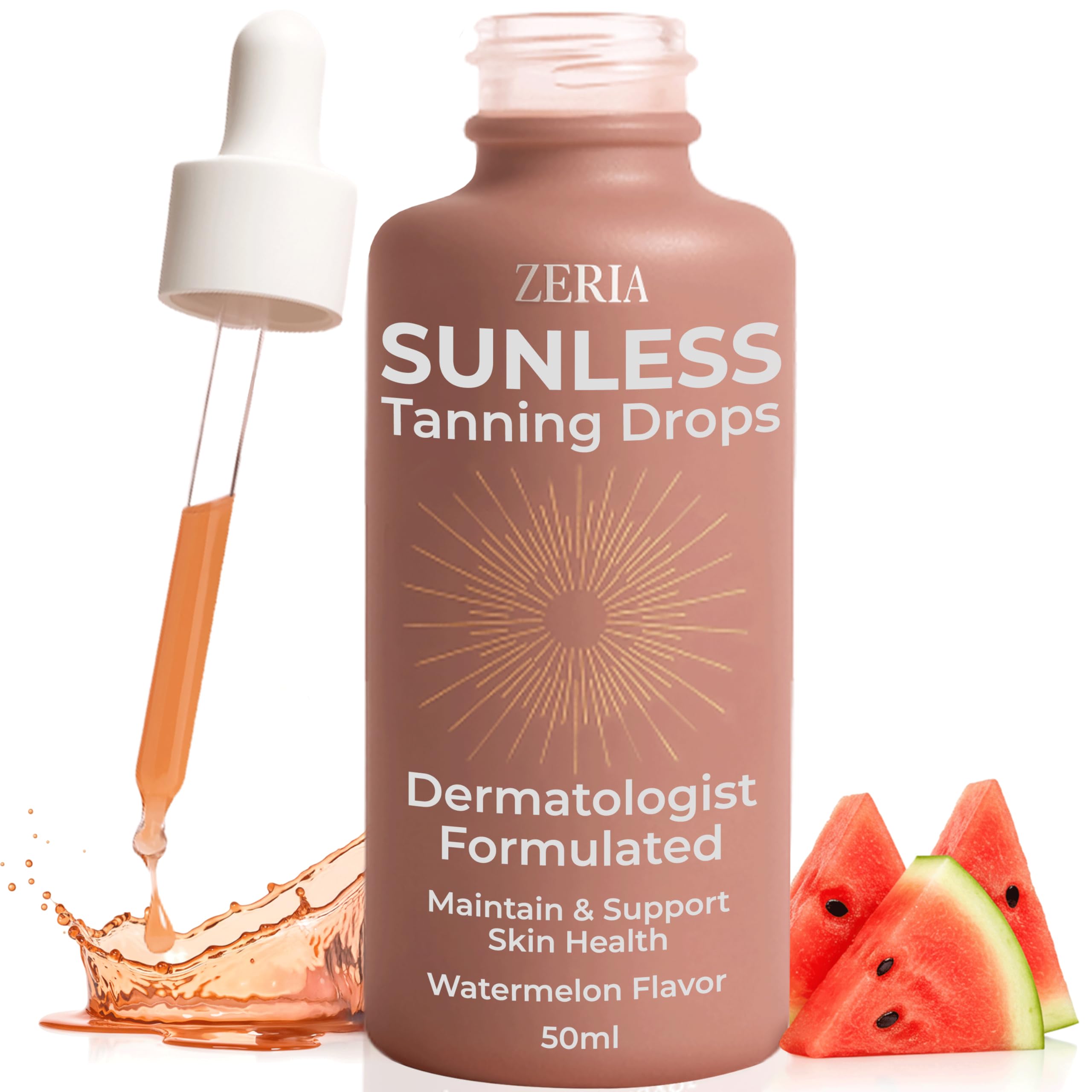 Zeria tanning drops bottle close-up for a clean vegan self-tanner.