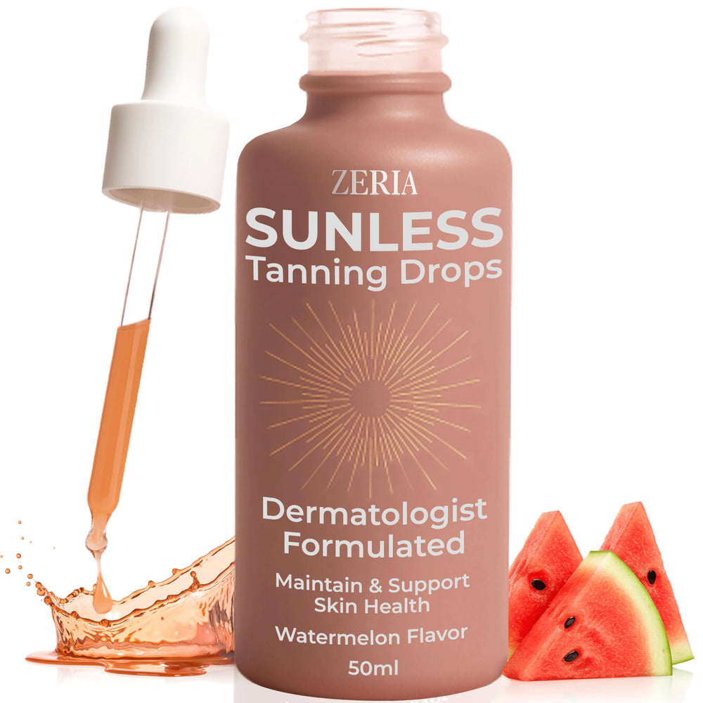 Zeria tanning drops bottle close-up for a clean vegan self-tanner.