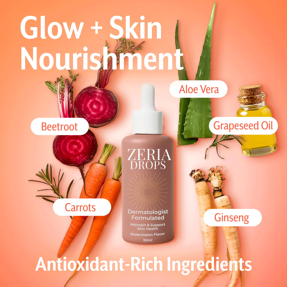 Zeria vegan ingredients showcase beta-carotene and copper gluconate.