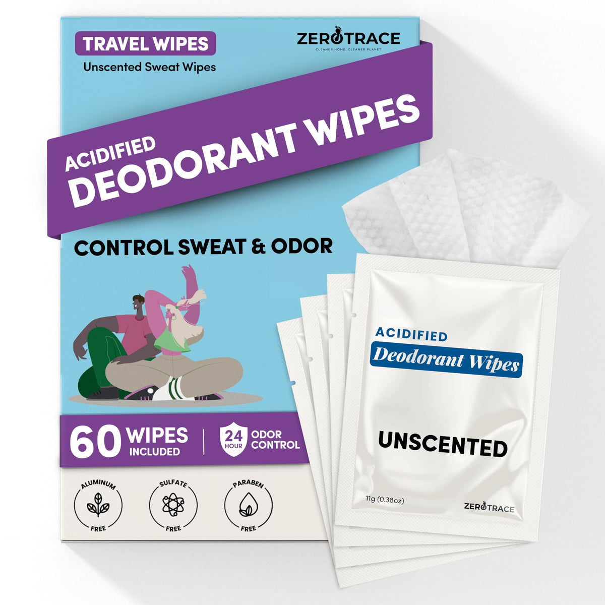 Zero Trace Travel Deodorant Wipes front view for all-day freshness on the go.