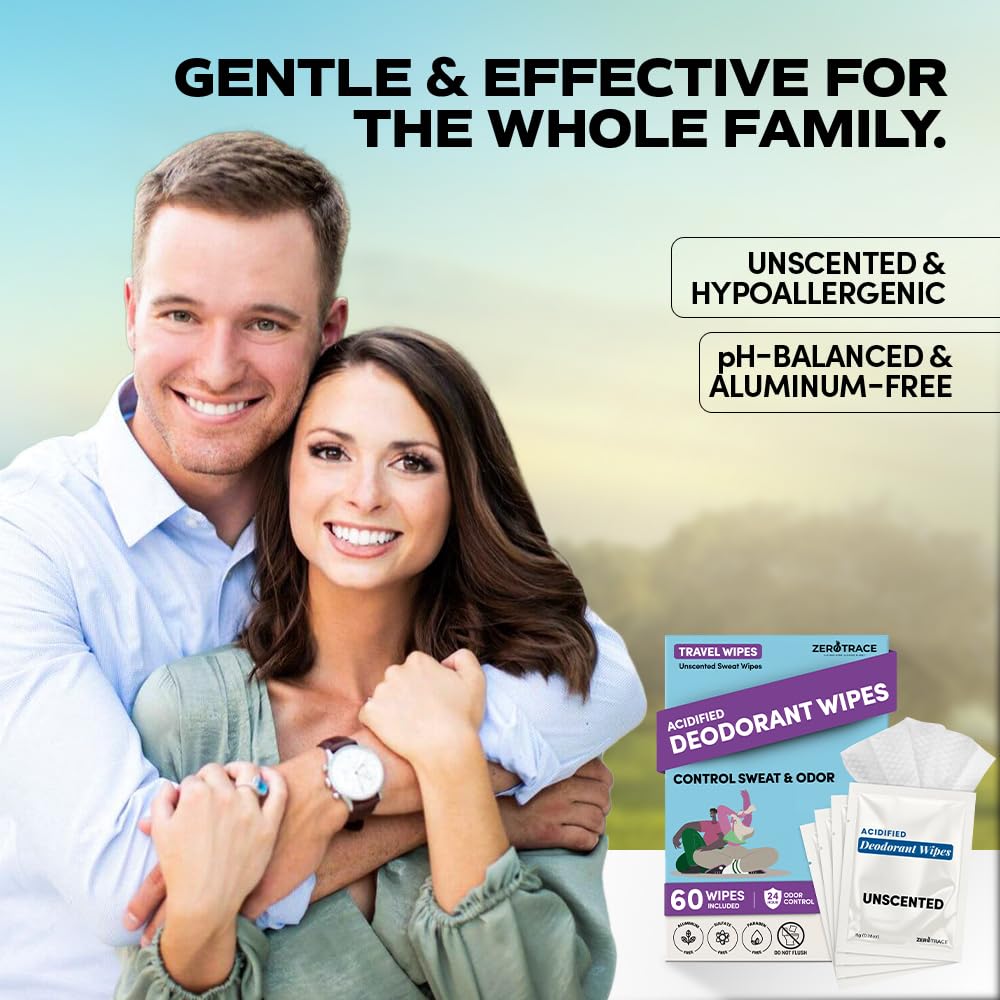 Zero Trace Travel Deodorant Wipes Mandelic Acid Aloe Vera formula provides gentle refresh.