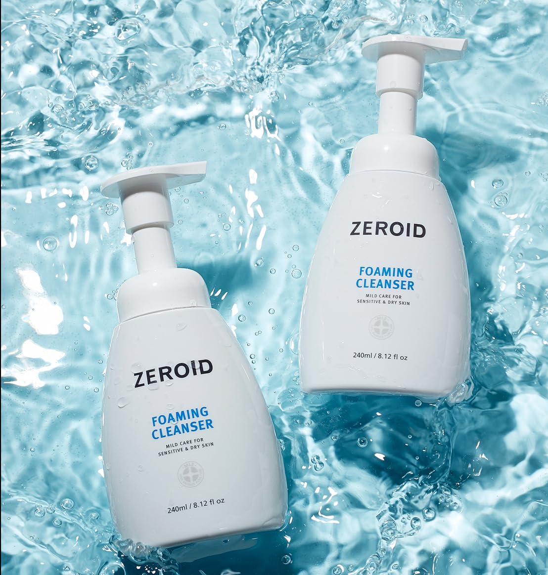 ZEROID Foaming Cleanser rinse image shows rinse-off effectiveness without residue