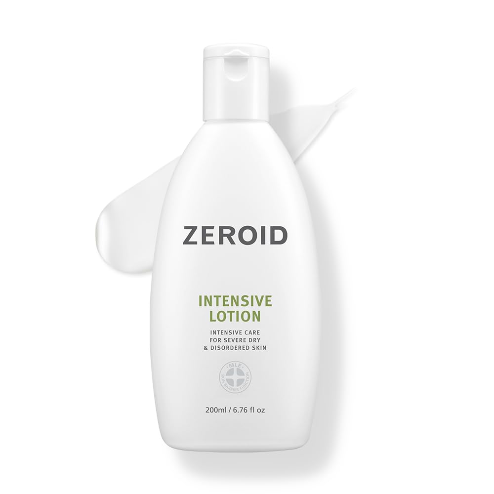 ZEROID Intensive Lotion bottle front shows fragrance-free design for sensitive skin.