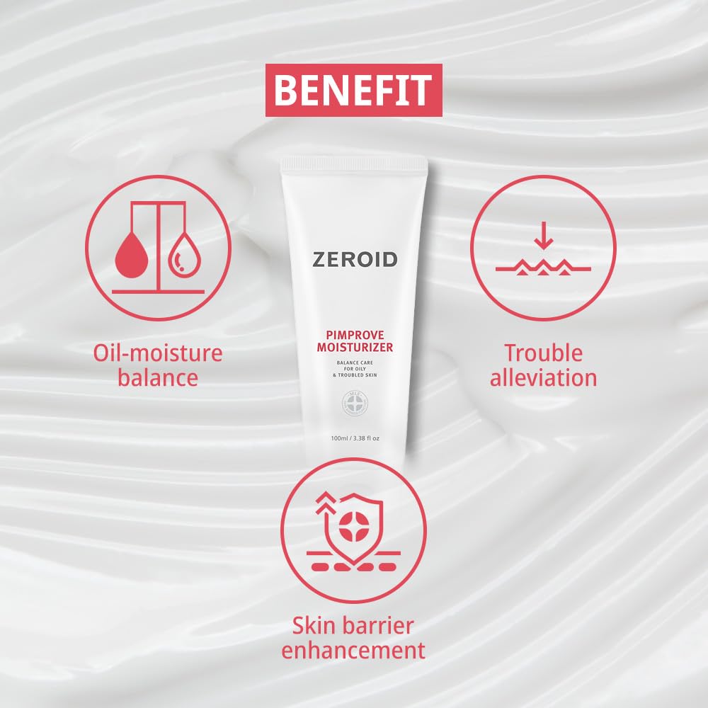 ZEROID Pimprove Moisturizer Cream bottle during application for a non-sticky, matte finish.