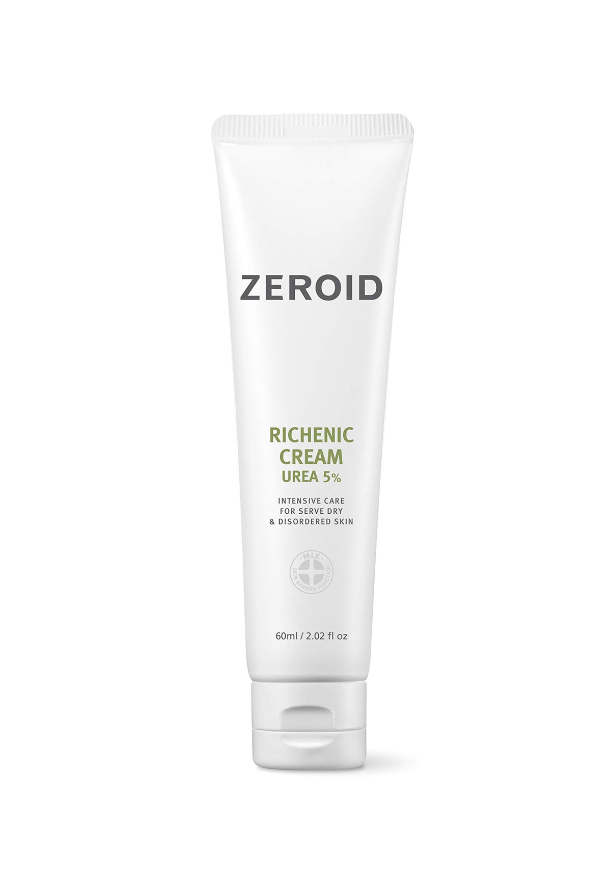 ZEROID Richenic Cream bottle highlights 5% urea for deep hydration.