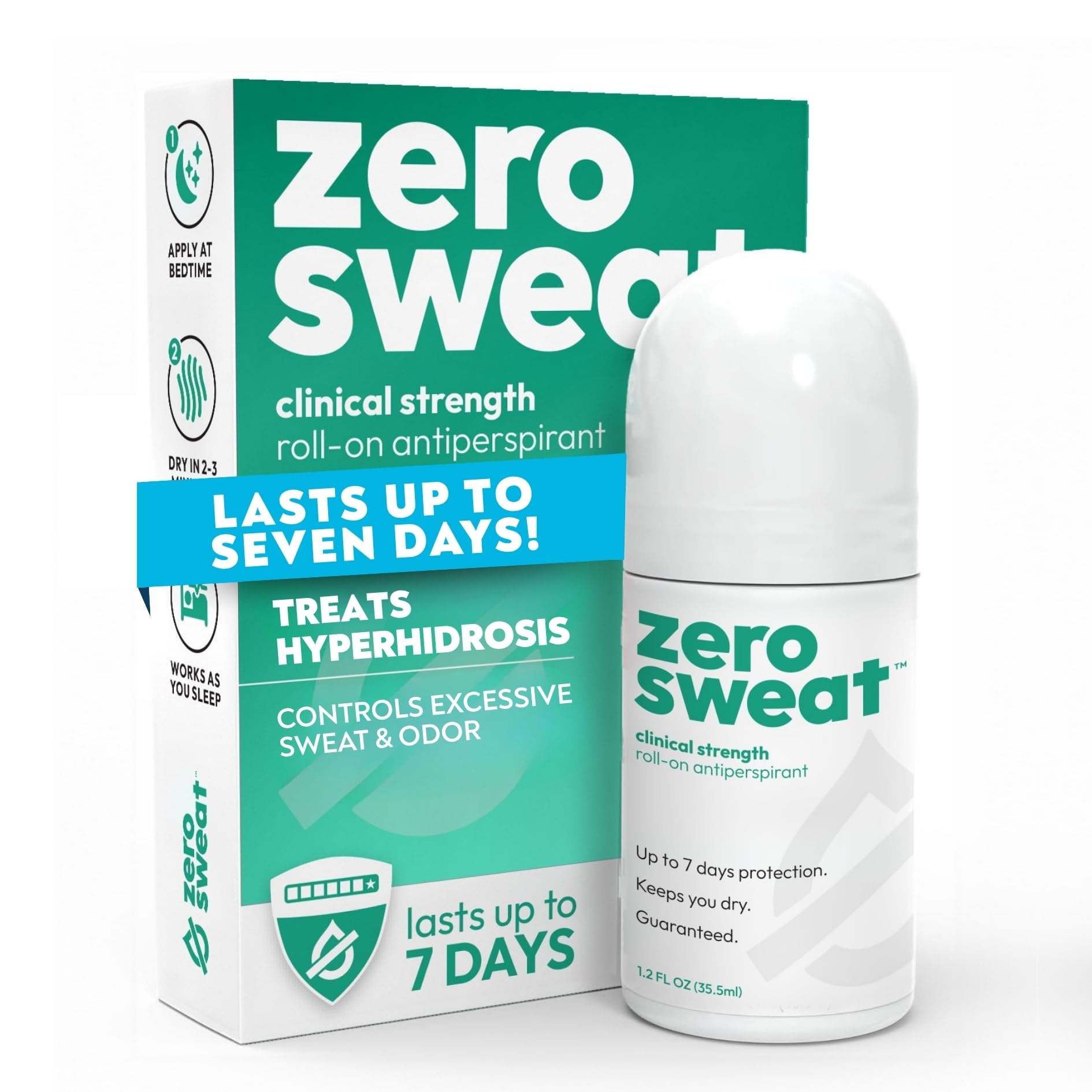 ZeroSweat antiperspirant bottle front view showing strong protection