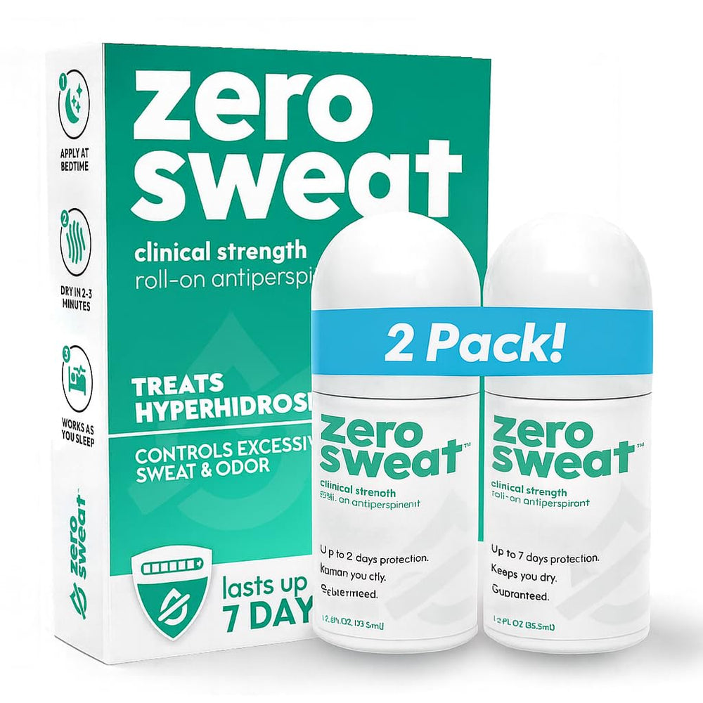 Zerosweat antiperspirant bottle shows long-lasting dryness for busy days.