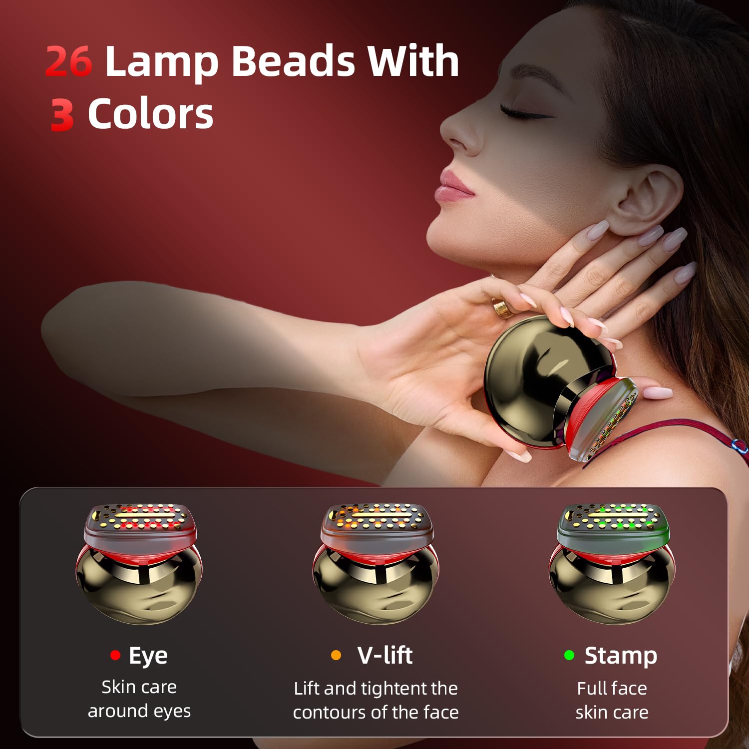 ZERREY Face Massager 3-in-1 system offers eye, V-Lift, and Stamp modes for targeted care.
