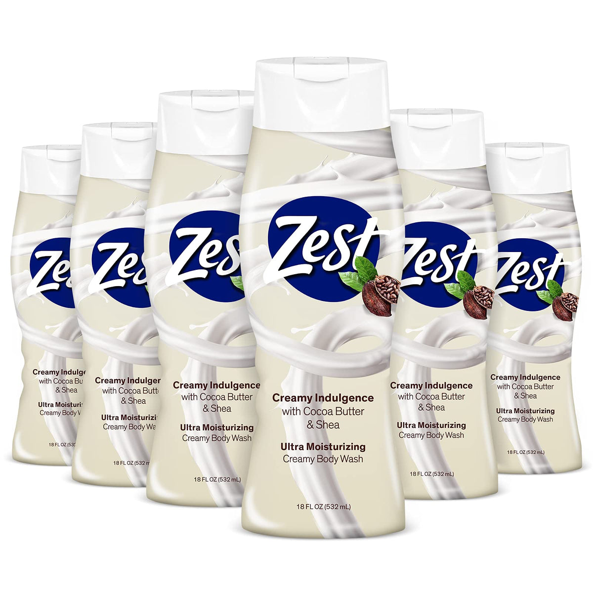 Zest Cocoa Butter and Shea Body Wash bottle delivering rich lather for silky skin.