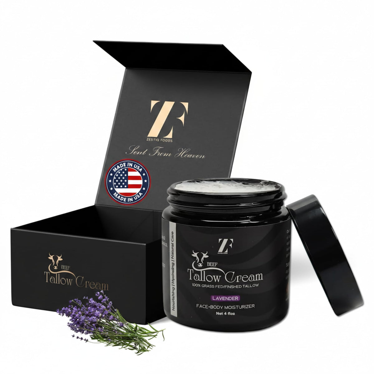 ZESTIQ FOODS ZF Lavender beef tallow jar ready for calm hydration.