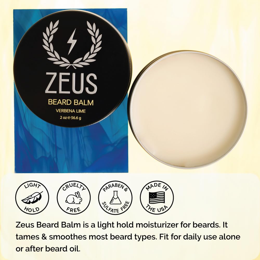 ZEUS Beard Balm ingredients image highlights beeswax, shea butter, and nourishing oils.