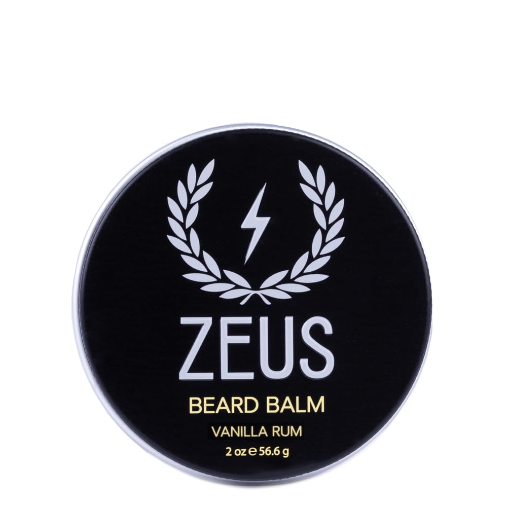 ZEUS Beard Balm Vanilla Rum bottle highlights natural formula for tame, itch-free facial hair.